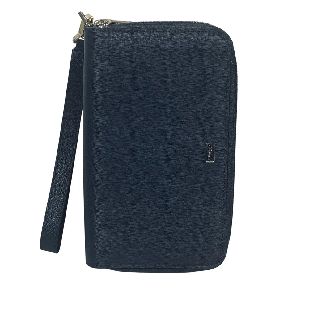 Brioni Blue‎ Saffiano Leather Double Zip Wallet Wristlet Italy Luxury Organizer
